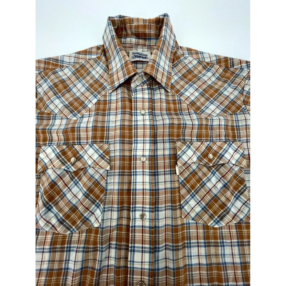 Vintage Levi's Western Shirt Mens Large Brown Plaid Cowboy Outdoor‎ Pearl Snap